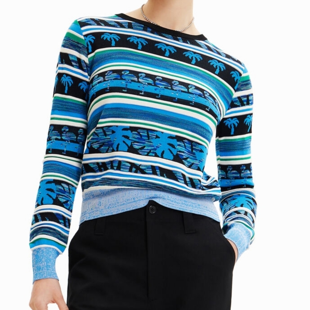 Desigual S Artsy Eclectic Retro Tropical Flamingos Striped Stretch Knit Sweater